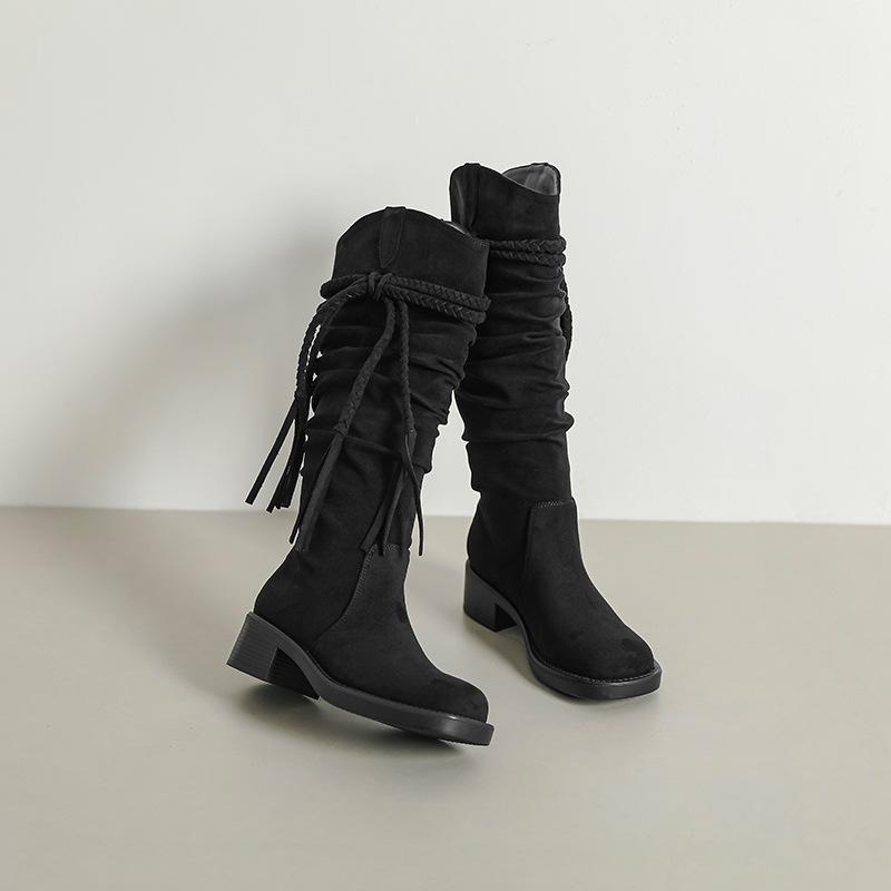 Big tube circumference women's boots fat mm thick leg boots women's retro wasteland fringed knight boots widened pile boots