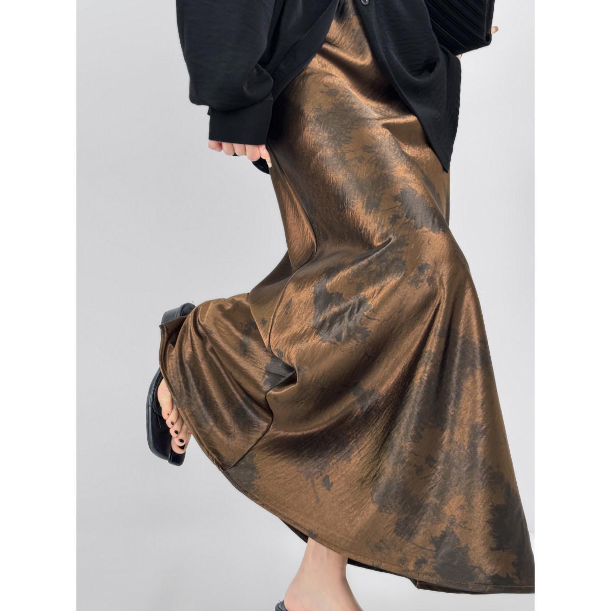 

DOUBLE Z Elegant Gold Leaf Ink Splatter High-Waisted A-Line Tie-Dye Skirt for Women Large кофейный