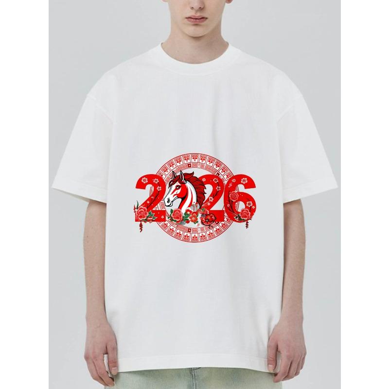 

Black T Shirt With 2026 Horse Year Design And Red Flowers For Chinese New Year Celebration XXXXL білий