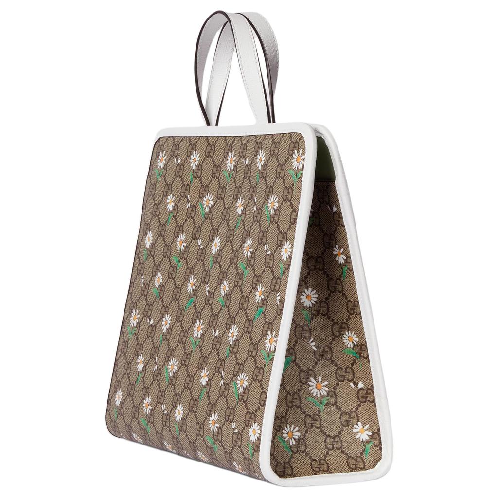 Gucci GG Monogram Canvas Daisy Print Large Tote Bag With White Leather Trim For Women Luxury Daily Use