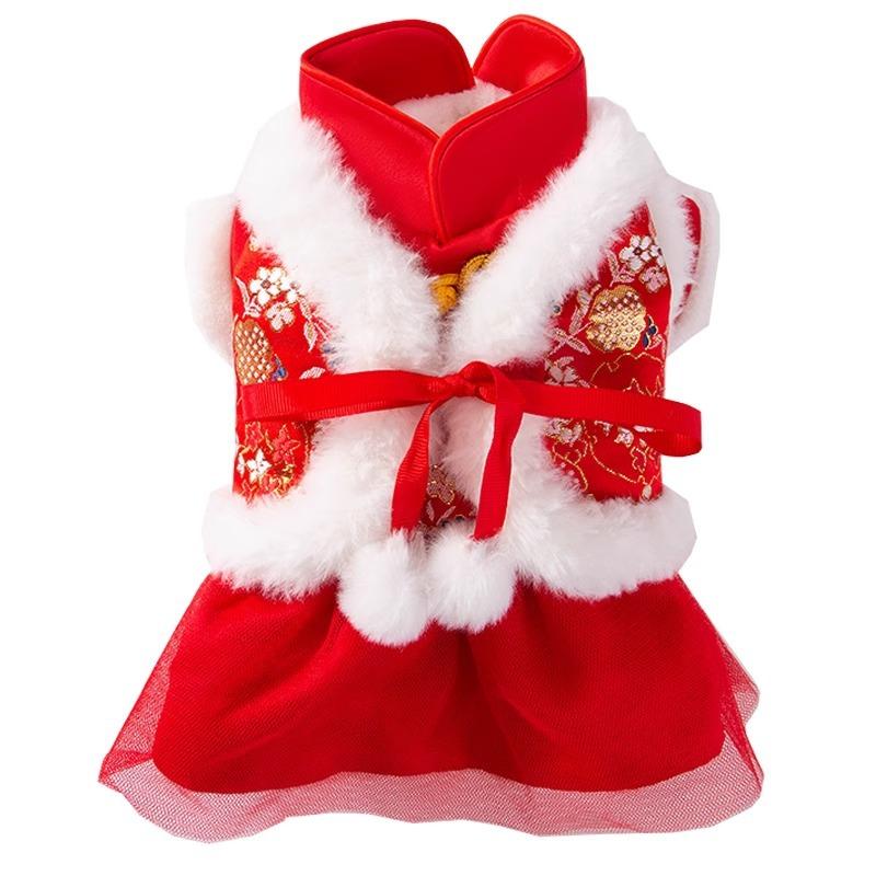 New Year's clothes velvet warm two-legged vest teddy bear small dog Tang clothing New Year's greeting pet skirt