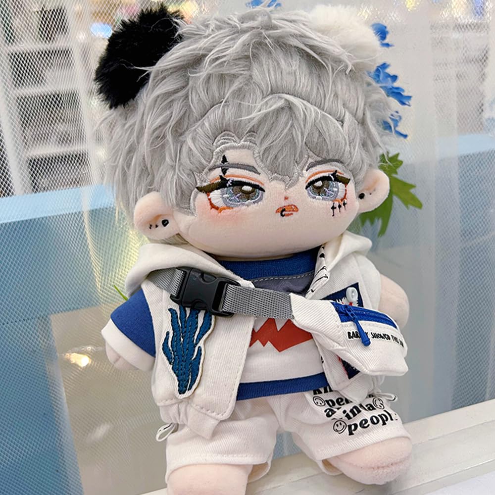 niannyyhouse 15cm Plush White Shark Outfit Set Empty Top Cotton (Includes Hat, T-Shirt, Shorts, Hoodie, Backpack, Doll, Accessories, Dress-Up) (15cm)