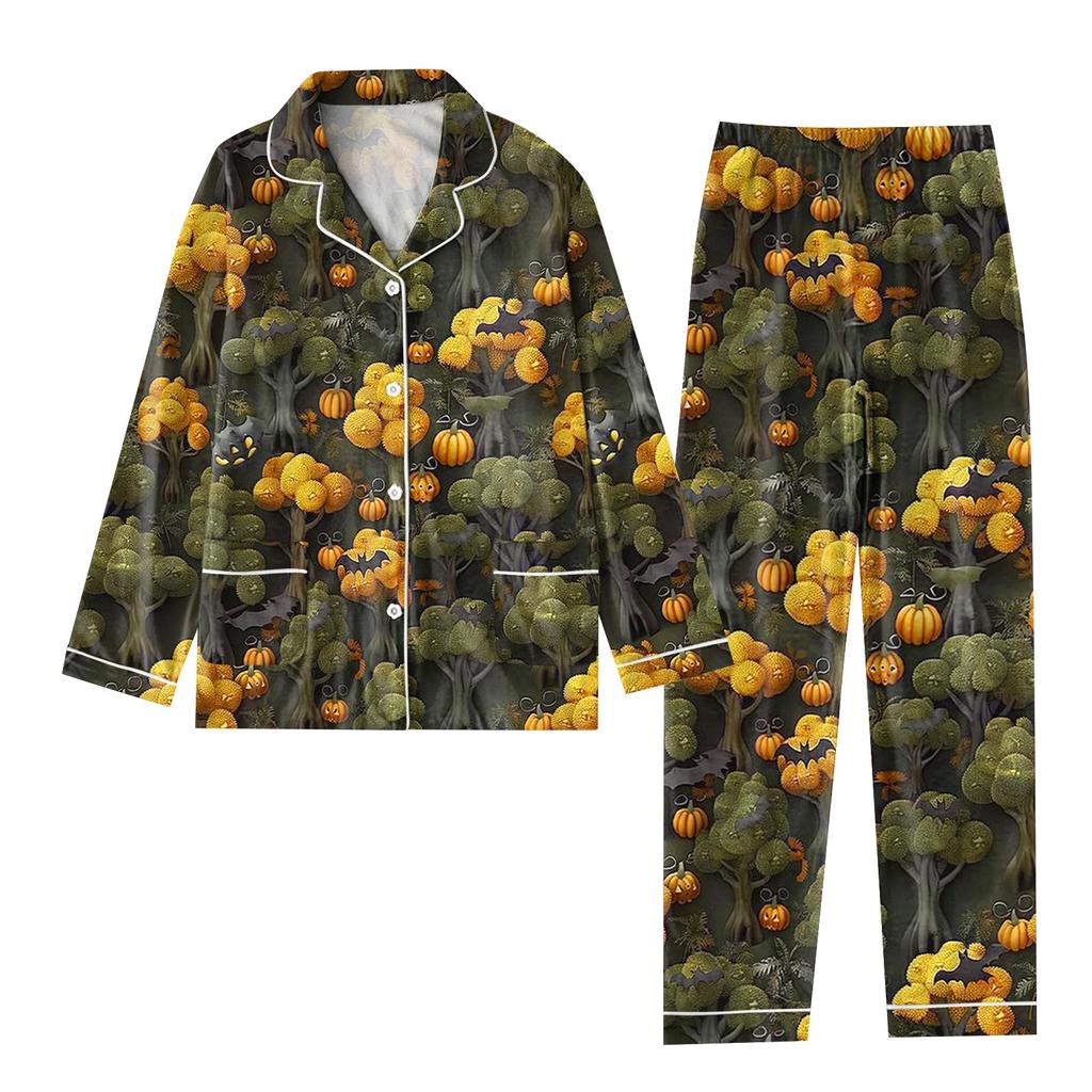 2-teiliger bedruckter Damen-Anzug, langärmelig, Oberteil mit Knopfleiste, weite Hosen, Anzug-Set, Schlafanzug, Home-Casual-Anzug