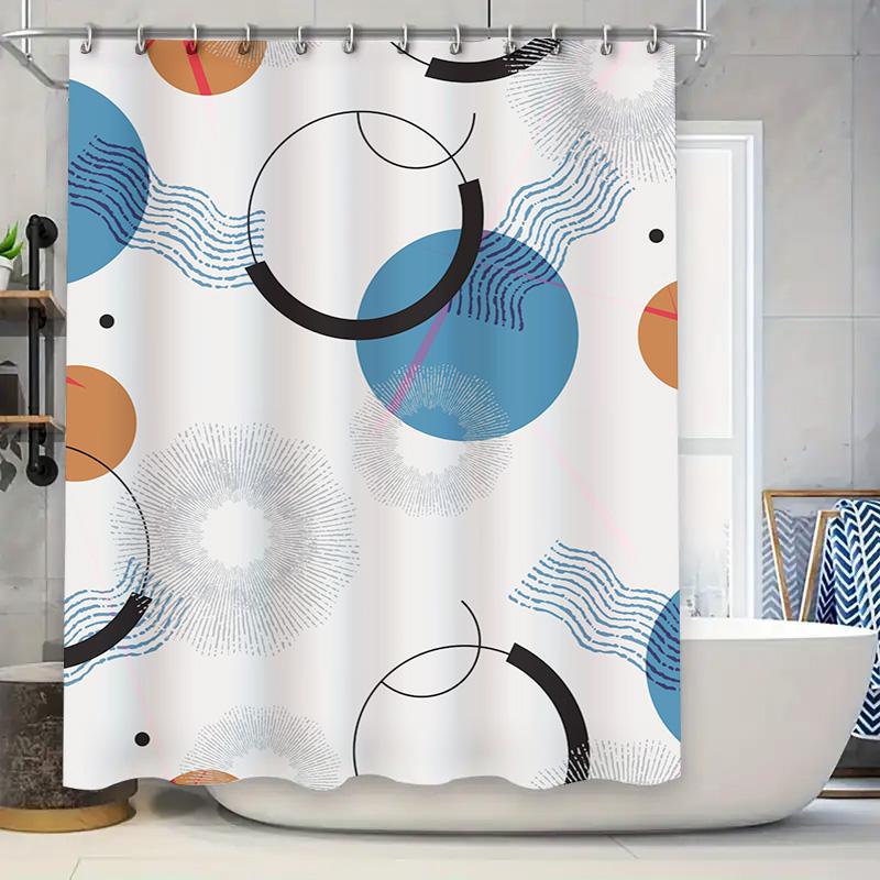 Modern Bathroom Shower Curtain: Blue Circle Waves Black Rings White Background Pattern Print Waterproof Decor for Home Bathrooms
