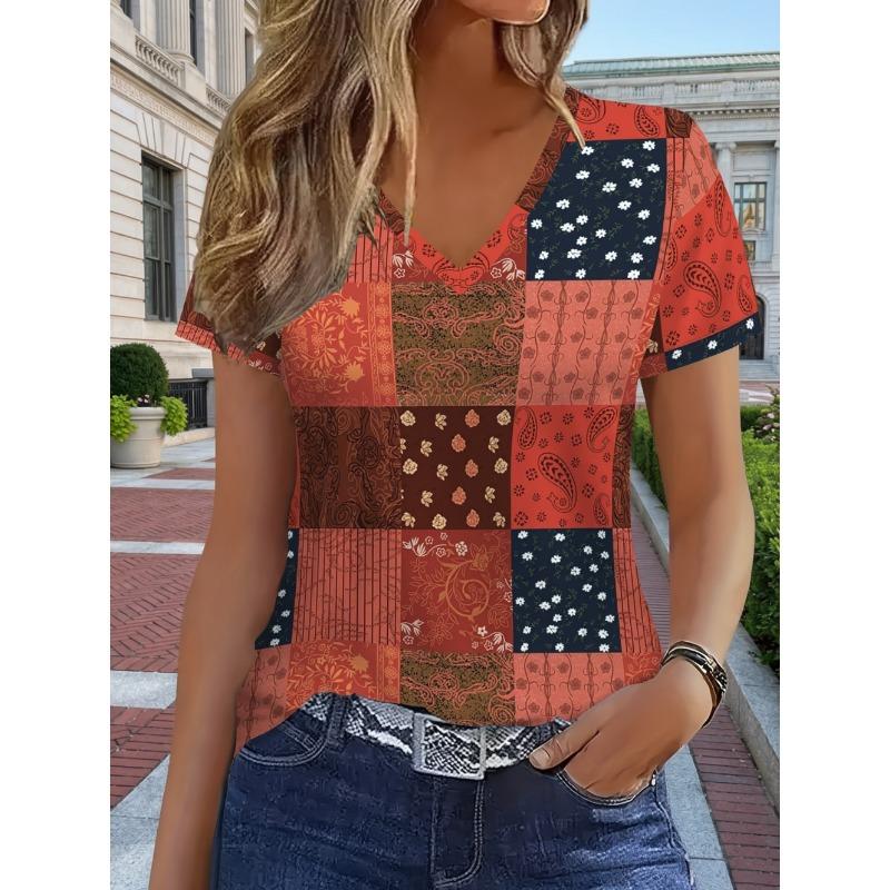 Stripe Graphic T Shirt Women Summer V-Neck Short Sleeve Tops Holiday Casual Tees Y2k Woman
