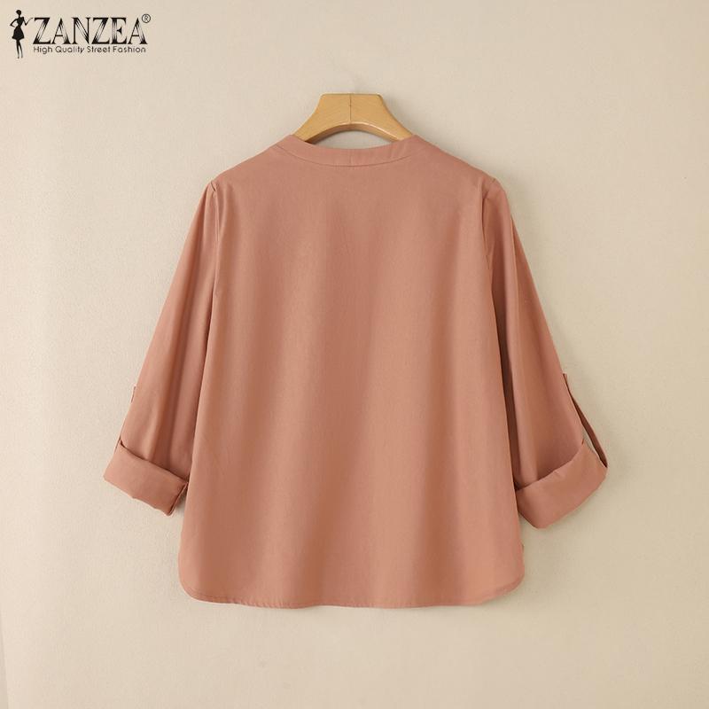 ZANZEA Blusa Casual da Donna Girocollo Regolabile Ampia Manica Lunga