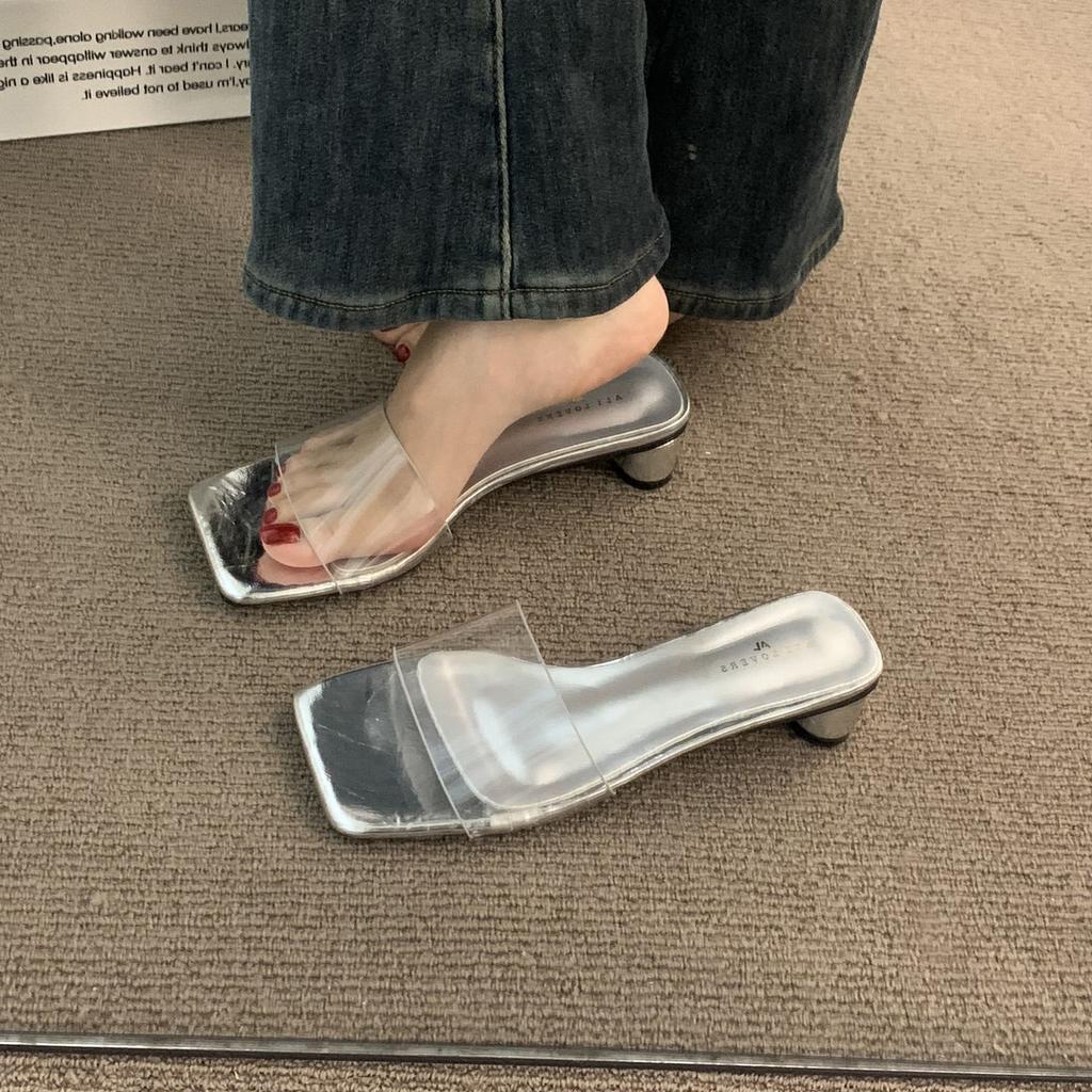 French Burgundy Transparent Belt Thick Heel Temperament One-word Slippers Fashion Middle Heel Sandals Travel Exquisite Sandals