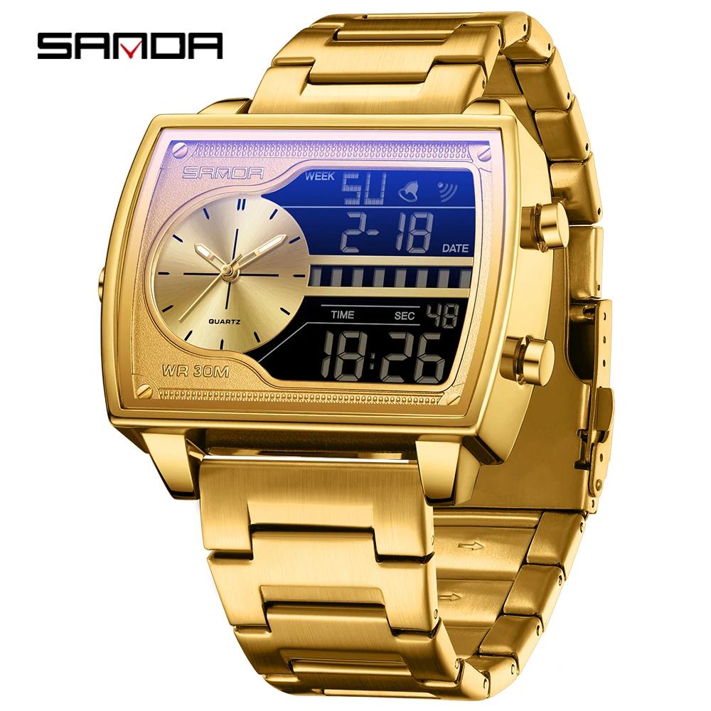 SANDA 6163 Top Luxury Fashion Men's Quartz Electronic Dual Screen Watch Waterproof Countdown Quartz Steel Strip Men's Watch