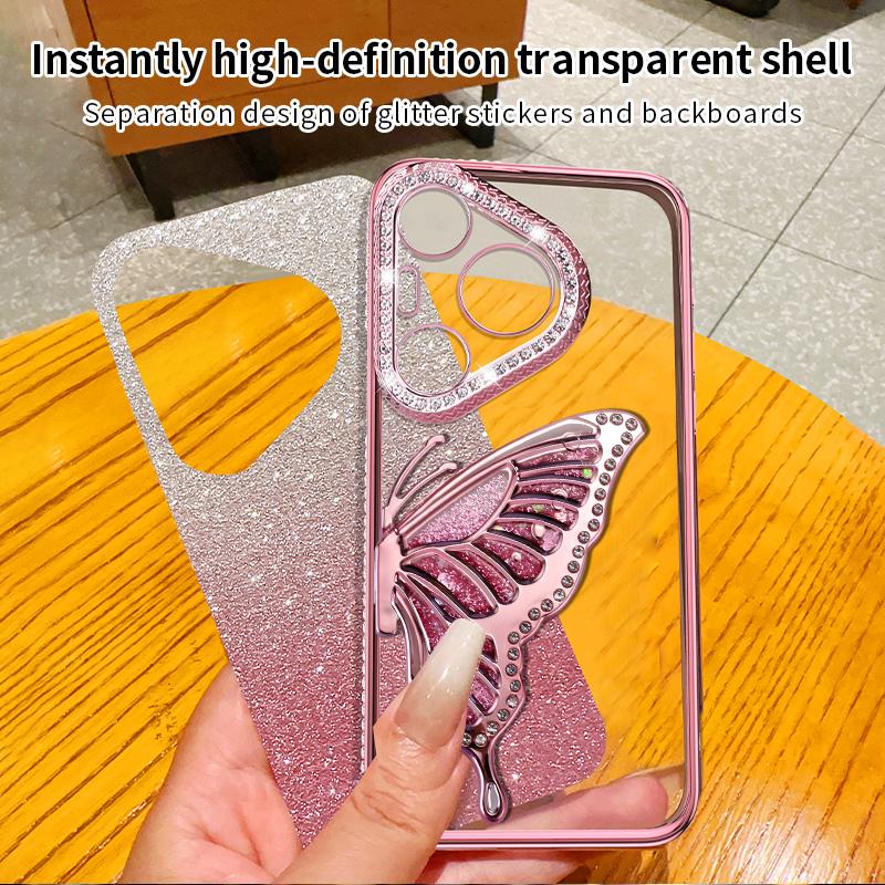 Diamond Glitter Liquid Quicksand Butterfly Phone Holder Case For Huawei Pura 70 P60 P50 Pro Silicone Cover