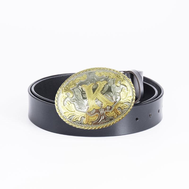 Men s Retro Full Grain Cowhide Belt with Gold & Silver Two-Tone Oval  K  Buckle 100cm