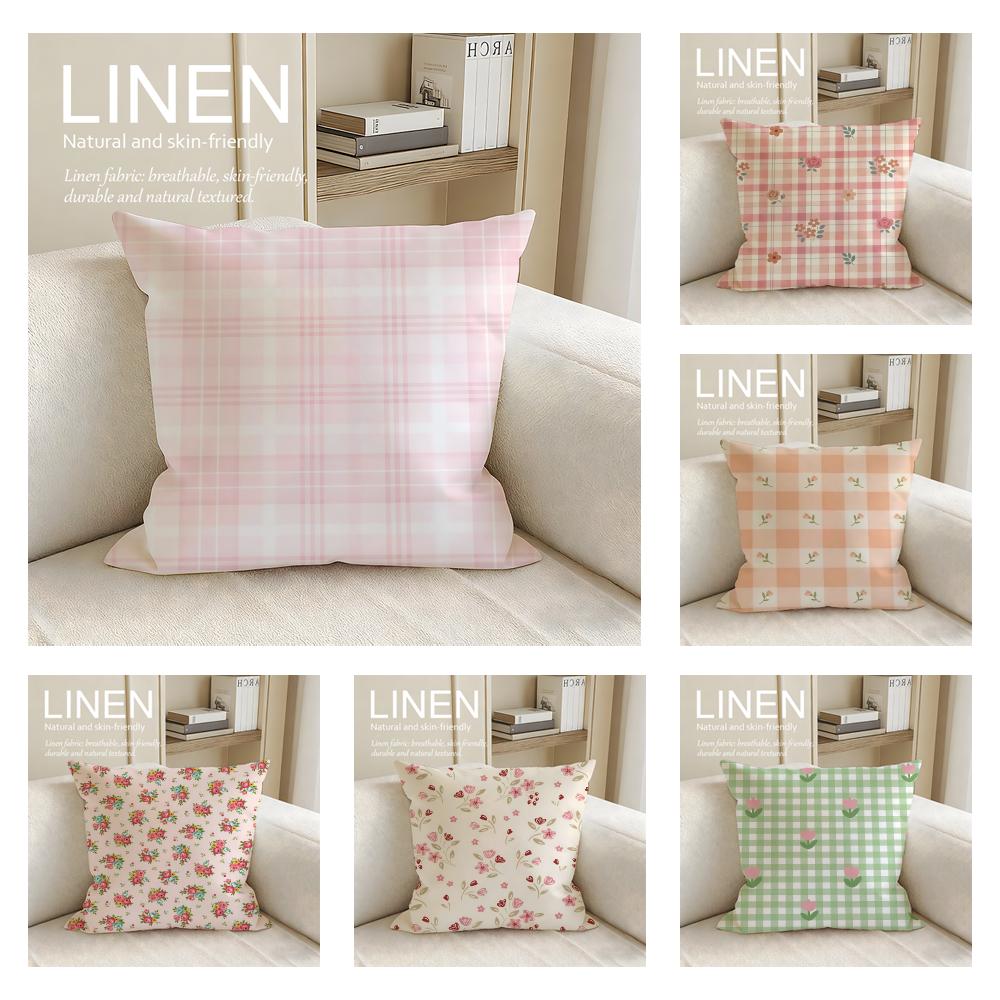 Small Floral Plaid Cushion Cover Linen Decorative Pillowcase Set Pcs X X X Breathable Washable Sofa Cushion Cover