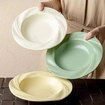 צלחת קרמיקה בצבע אחיד יוקרה קלה, צלחות פסטה למסעדה יוקרתית, כלי שולחן לבית, צלחת קינוח לעוגה לתה של אחר הצהריים