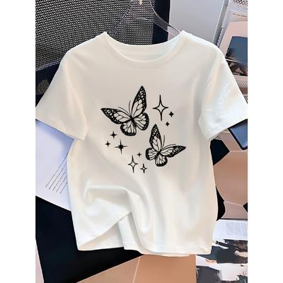 Women's Casual Short Sleeve T-Shirt with Black Butterfly Star Graphic Print Round Neck Ladies TShirts Stylish Top Soft Fabric