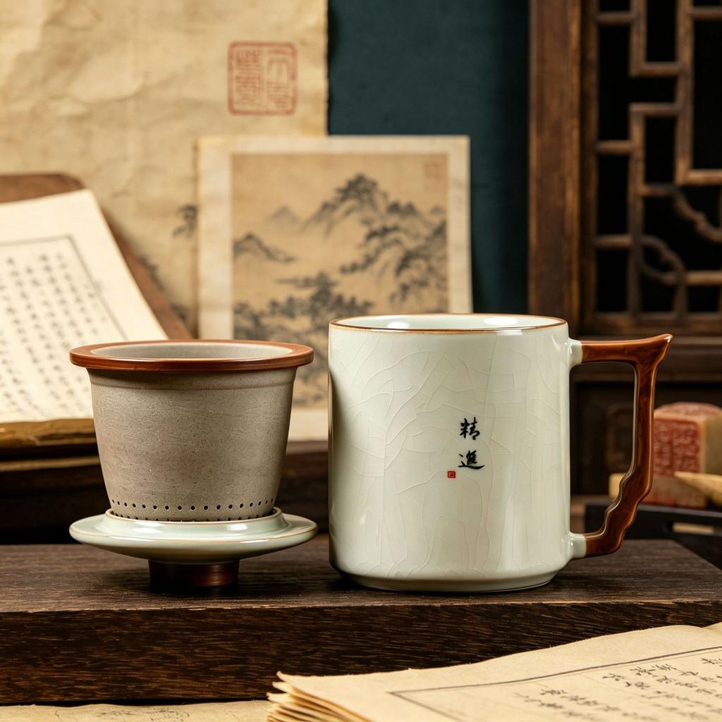 Ru kiln mug gift box ceramic teacup with lid office water cup for teacher company activities