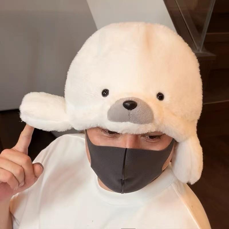 Cute Cartoon White Seal Design Plush Adult Children Hat For Cold Weather