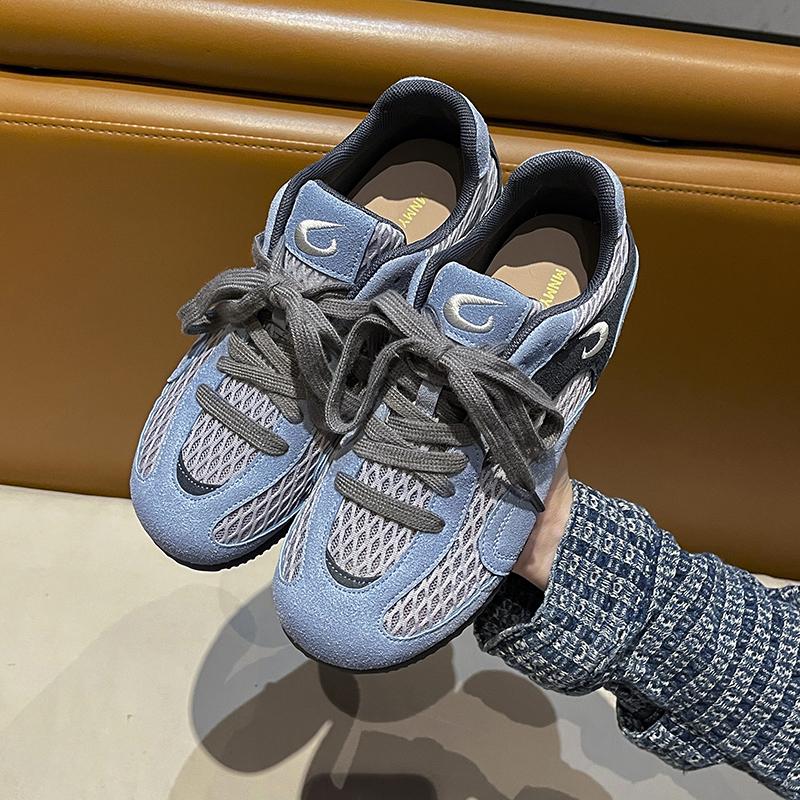 Fashion Mesh Breathable Casual Flats Women Summer New Round Toe Spliced Front Lace-Up Soft Sole Versatile Retro Fishnet Single Shoes