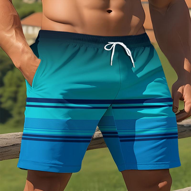 Summer Men's Casual Drawstring Beach Pants with Gradient 3D Printed Polyester Fiber Composition for Outdoor Wear