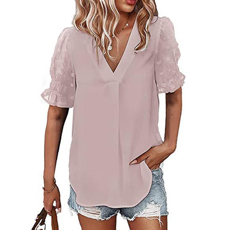 A New V-neck Short-sleeved Fleece Ball Loose and Flowing Top for Women's Summer