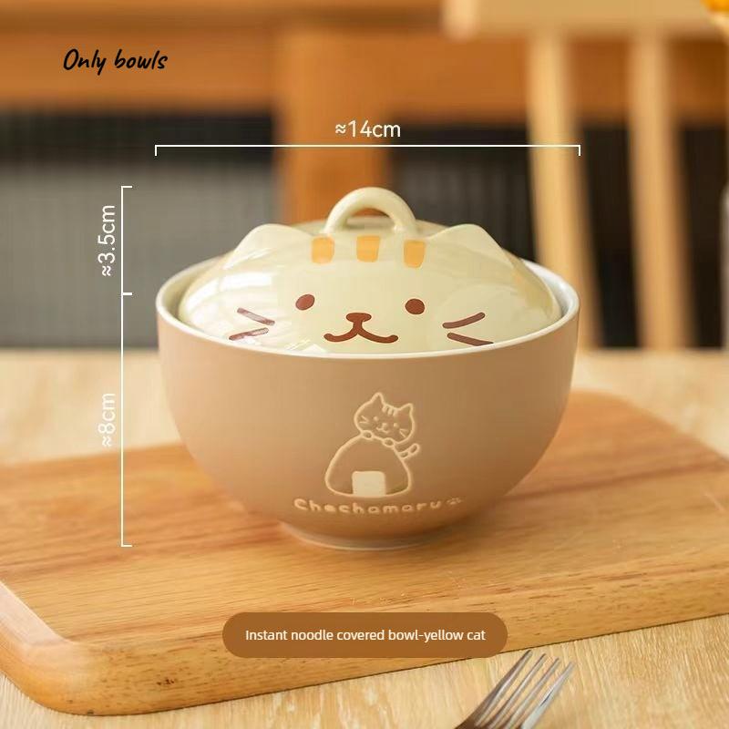 1pcs Japanese Tableware Cute Cat Ceramic Bowl Large Capacity Household Soup Bowl Student Instant Noodle Bowl with Lid