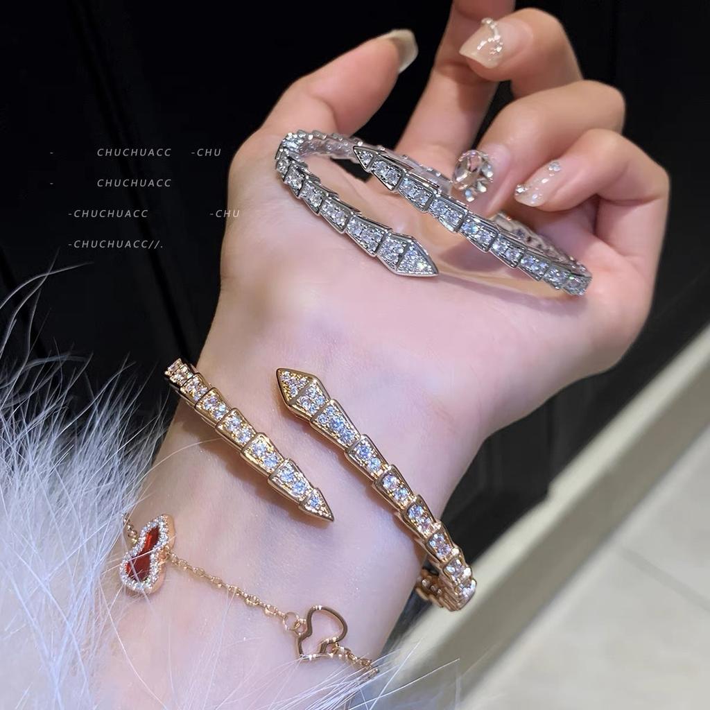 2026 European and American Zircon Snake Bracelet Women's Niche Design Plated 18k Snake Bone Opening Bracelet Fashion Bracelet