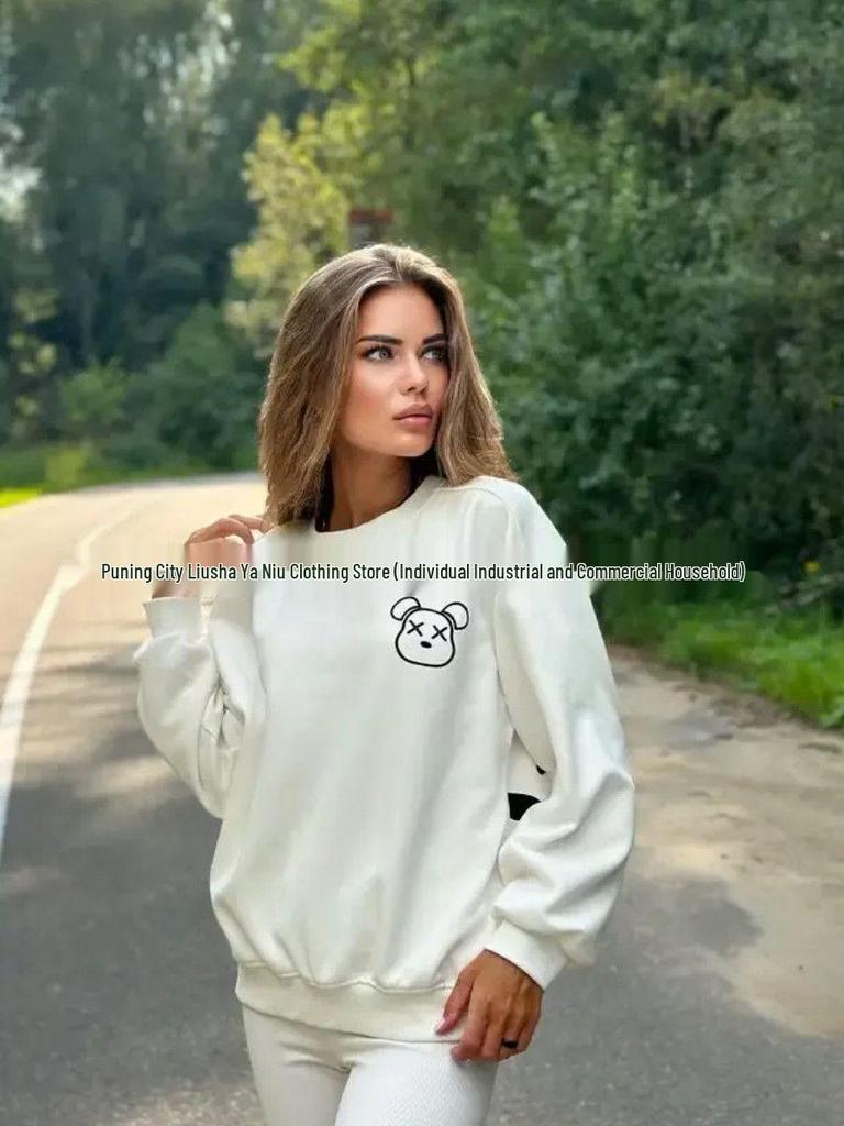 Cartoon Bear Print Hip Hop Pullover Hoodie – Versatile Round Neck for Autumn & Winter