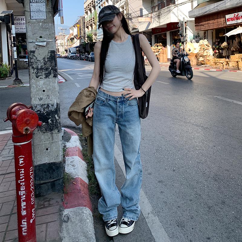 

Women s Light Blue Straight Leg Jeans - American Street Style, Slimming & Versatile Medium