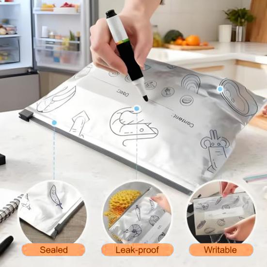 10Pcs Aluminum Foil Sealed Bags Reusable Leakproof Sealable Food Storage Bags Vacuum Zippered Pouches with Label Stand-Up Bottom for Fruit Vegetable