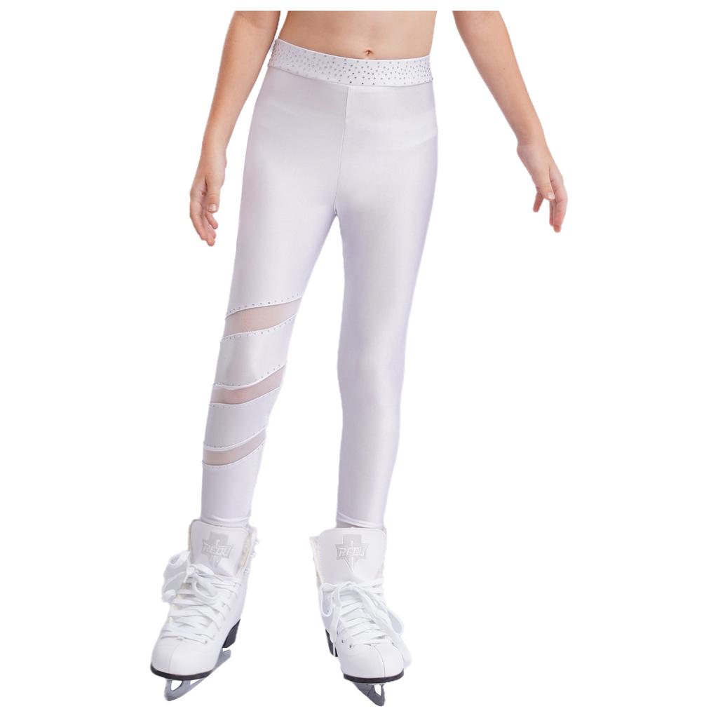 Girls Figure Skating Pants Sparkly Rhinestones Elastic Waistband Leggings Sheer Mesh Patchwork Trousers