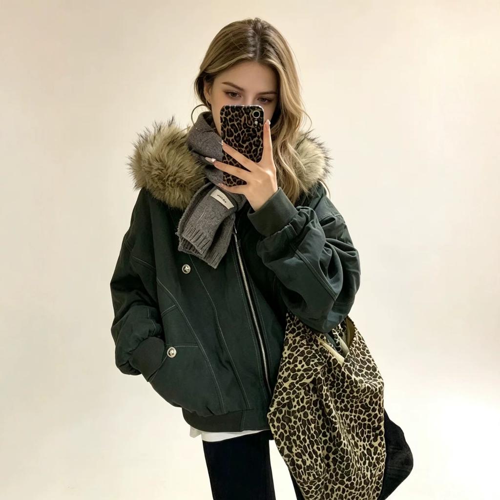 fur collar jacket cotton clothes men's and women's loose American tooling winter new plush warm short cotton coat