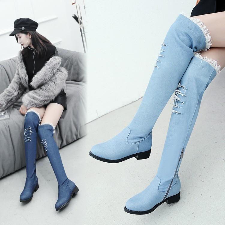 Academy New Fashion Denim Face Low Heel Square Heel 32-48 Size Paint Boots