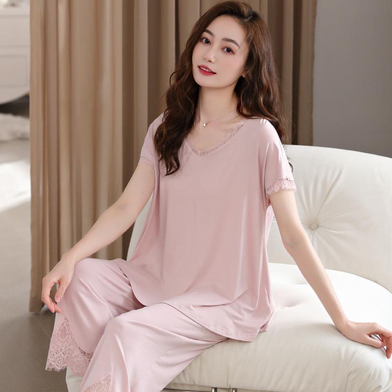 Pajamas women's summer Modal cotton and silk short-sleeved trousers thin summer 1011 new large-size loungewear set
