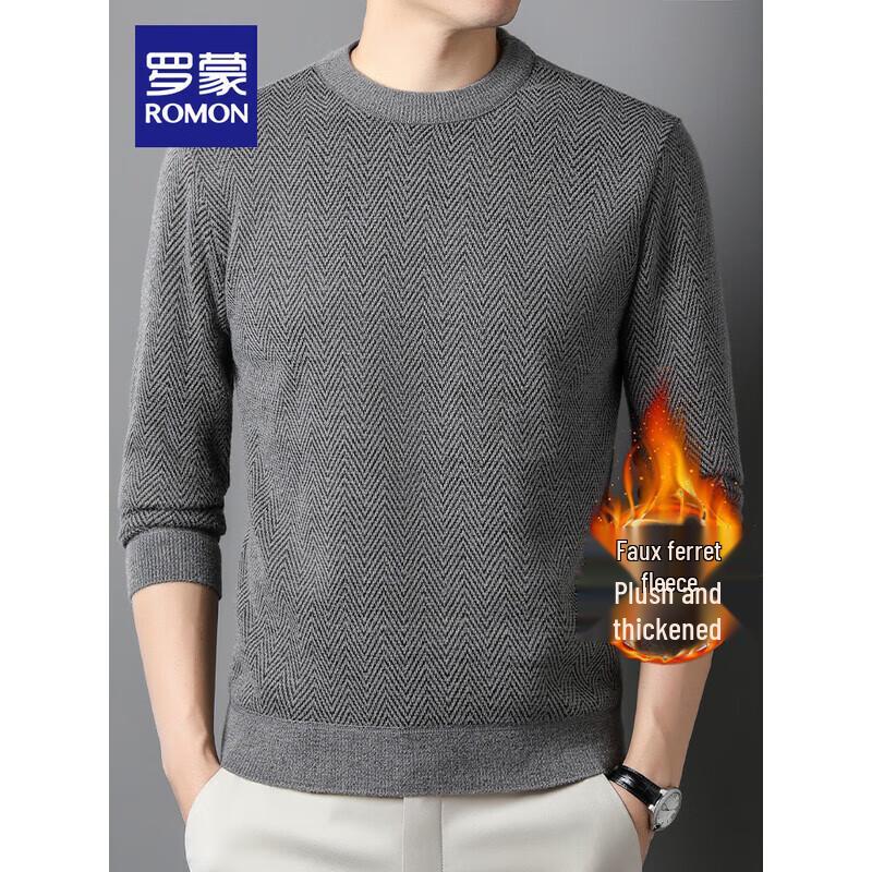 ROMON Men's Warm Fleece-Lined Round Neck Knit Sweater