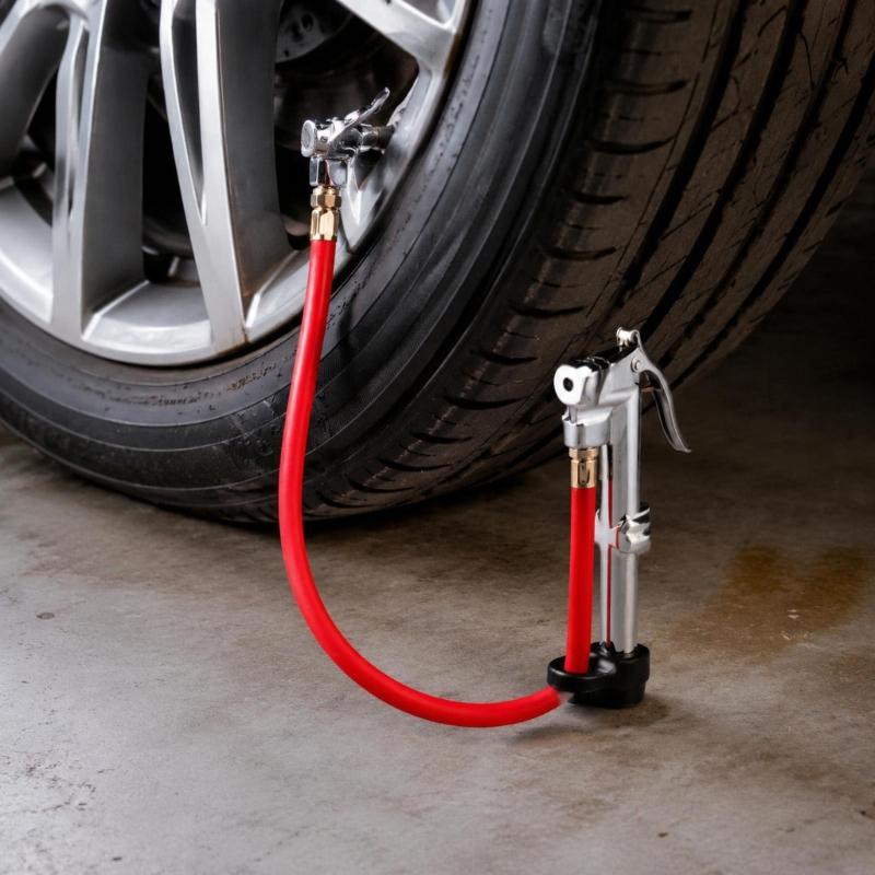 Hand Operated Air Chuck Pressure Gauge with Angled Tire Head and Hose for Motorcycle and SUV Tire Care Tasks