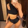 Asymmetrische Eine Schulter Hohe Taille Bikini Set Weibliche Schwarz Badeanzug Frauen Split Bademode Zwei-stück Bademode
