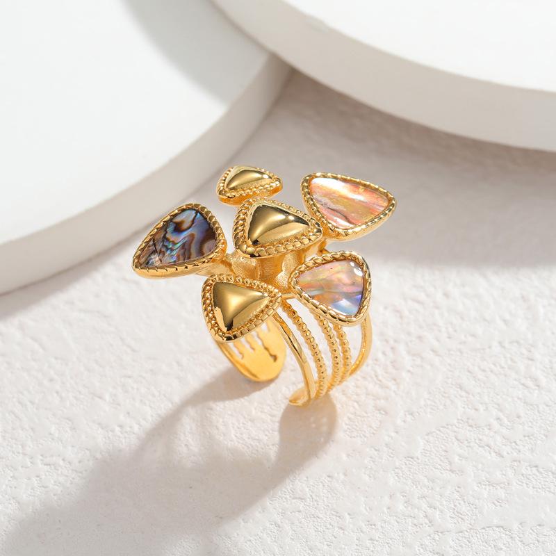 18K Gold European and American Stainless Steel Open Ring with Geometric Abalone Shell Design for Women