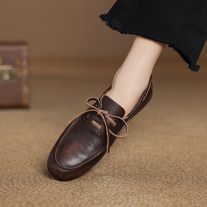 Fashion 2025 New Spring Genuine Leather Women Shoes Round Toe Women Flats Shoes for Women Retro Lace Up Loafers Fashion Ladies Shoes