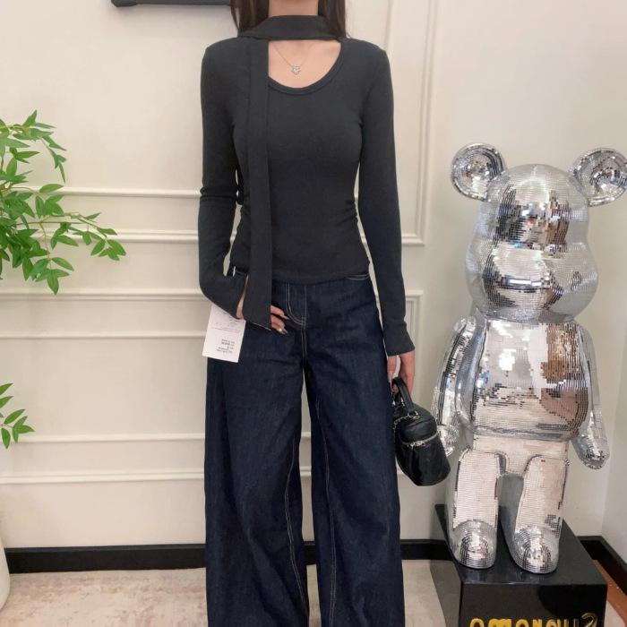 Threaded Velvet U-Neck Long-Sleeve Fleece T-shirt - Autumn/Winter Ribbon Design, Elegant Style