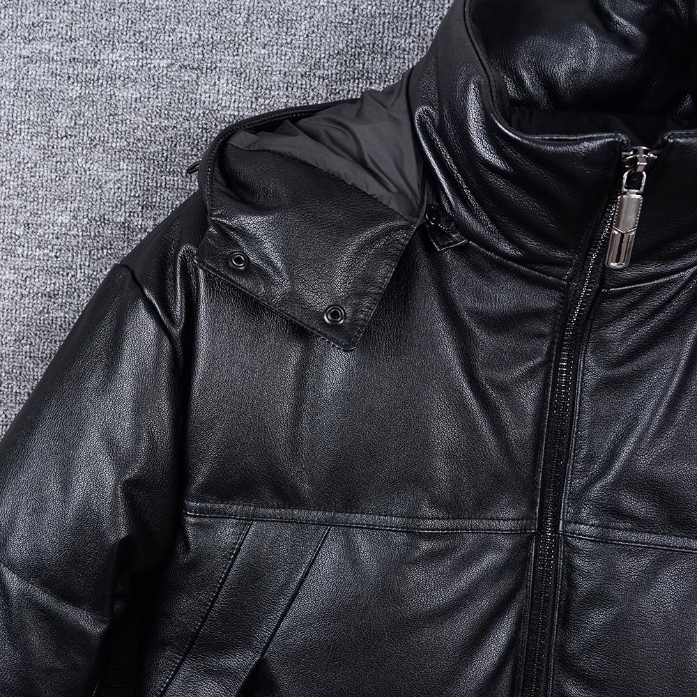 Wide Shoulder Thick Soft Men Genuine Cow Leather Duck Down Coat Removable Hood Warm Winter Jacket Cowhide Leather Men's Clothing