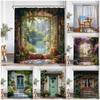 Rustic Landscape Shower Curtains Forest Lake Flowers Vintage Wooden Door Garden Scenery Fabric Home Bathroom Curtain Decor Set