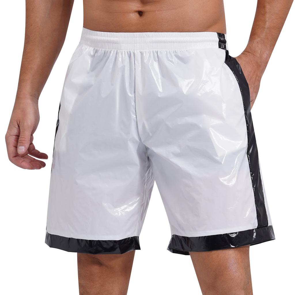 Mens Wet Look Boxer Shorts Drawstring Elastic Waist Pockets Waterproof Beach Shorts Swimming Trunks Loose Fit Short Pants Club