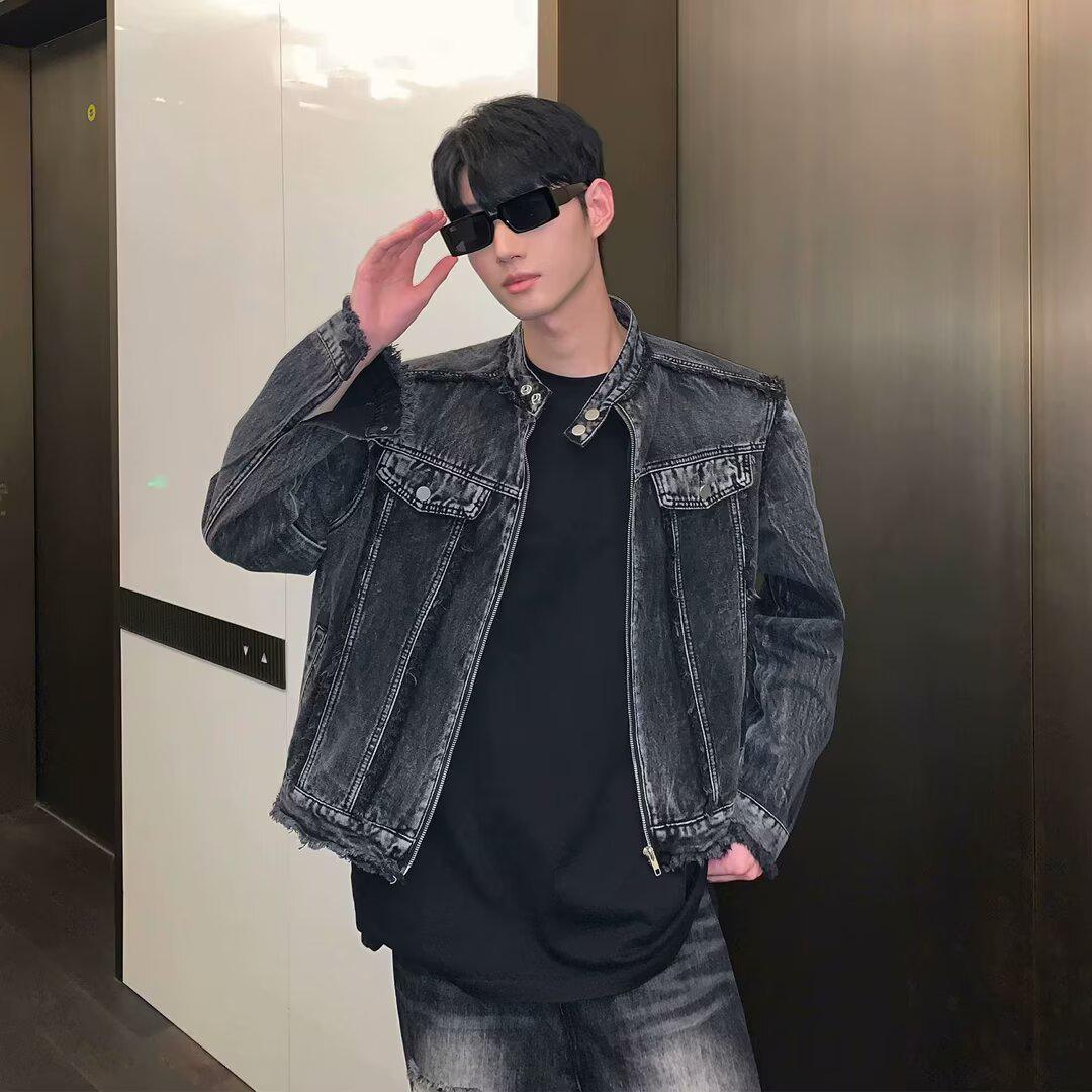 

Мужская джинсовая куртка премиум-класса с эффектом потертости - Весна и Осень, с подплечниками, мотоциклетный стиль XXL темно-серого