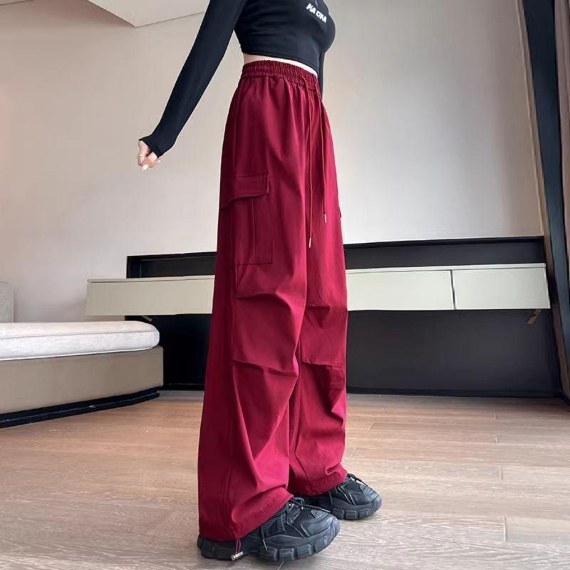 Summer ice silk quick-dry cargo pants for women, loose high-waisted drawstring jogger hiking pants, American harem sweatpants trendy for women