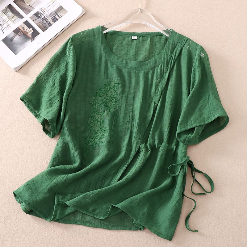 

B25 Amoi Lace-up Ethnic Style Short Sleeve Shirt Embroidery Green 2XL