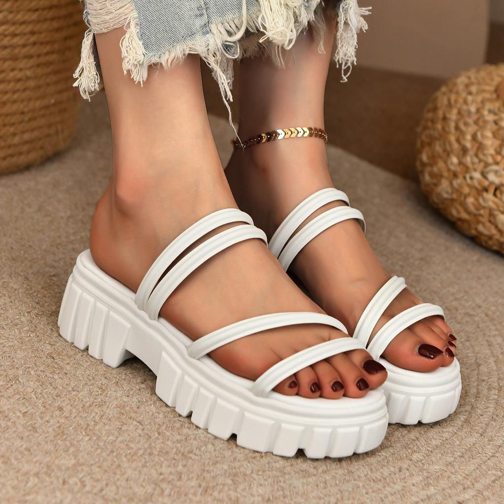 Fashion Summer Women Slippers Round Toe Slip-On Leather Comfortable Shoes Fashion Platform Sandals Roman Style Slippers Slides Women