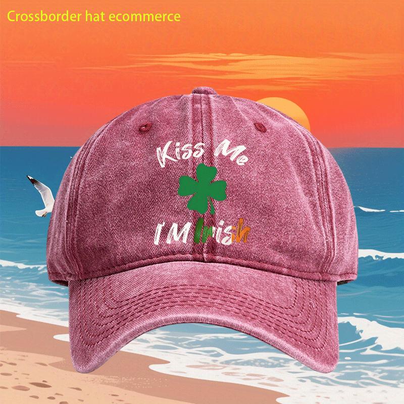 Kiss Me Im Irish Clover Washed Baseball Cap Vintage St Patricks Day Adjustable Unisex Hat One Size
