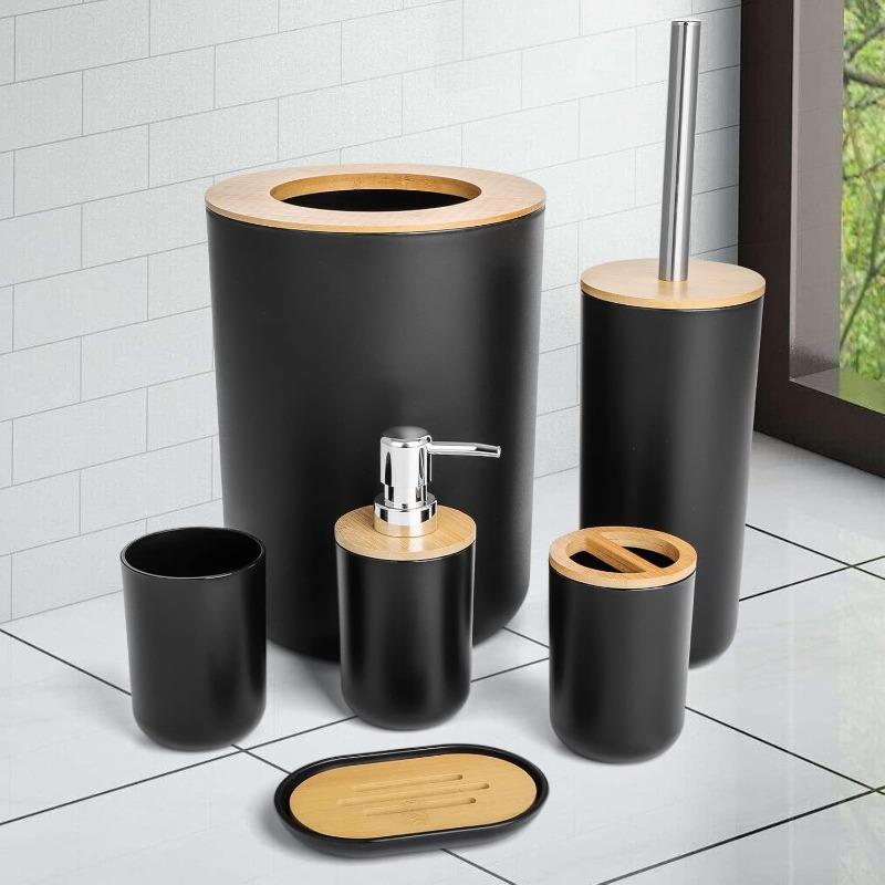 6pcs Bathroom Accessories Bathroom Trash Can Toilet Brush Set Toothbrush Cup Lotion Bottle Soap Box with Pump