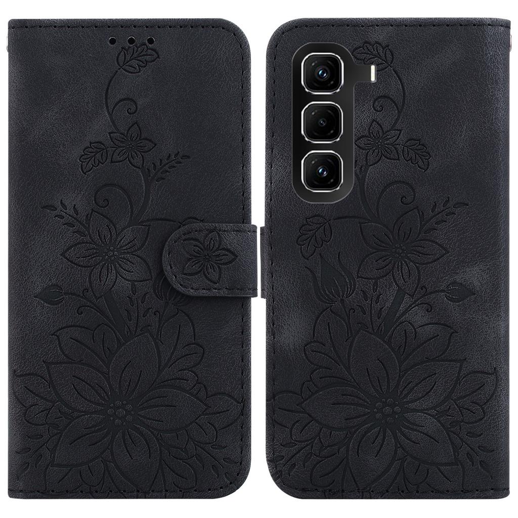 For Infinix Hot 50 Pro+ 4G Stand Case Lily Flower Imprint Leather Phone Cover with Wrist Strap