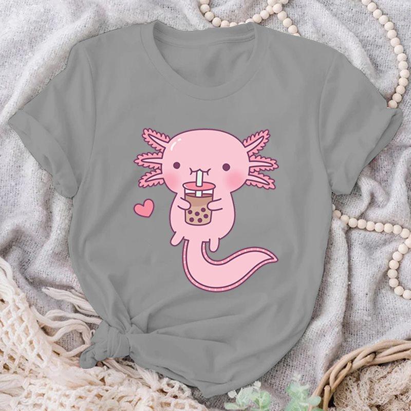 Cute Cute Axolotl Drink Boba Tea Graphic Print T-Shirts For Women Summer Lovely Short Sleeve Casual T-Shirts Funny Ladies Tops