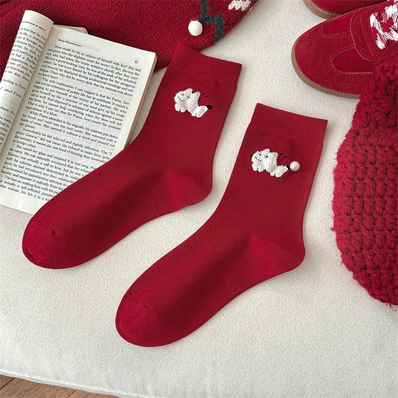 Little Bear Red Cartoon Socks, Women's Autumn and Winter Pure Cotton Mid-calf Socks, Heart-shaped Little Dog Polka Dot Striped Socks