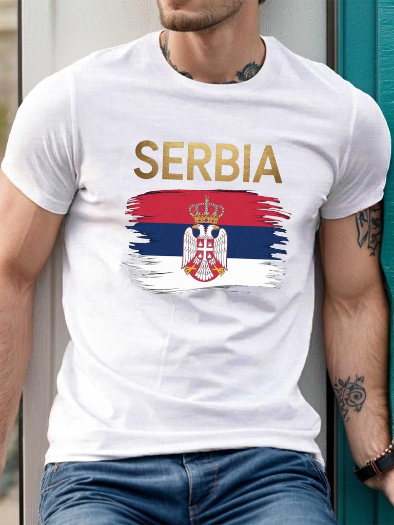 Serbien Flagge Kyrillisch Wappen Serbisches Erbe T-Shirt 100% Baumwolle Rundhals Kurzarm Sommer Freizeit Unisex T-Shirt